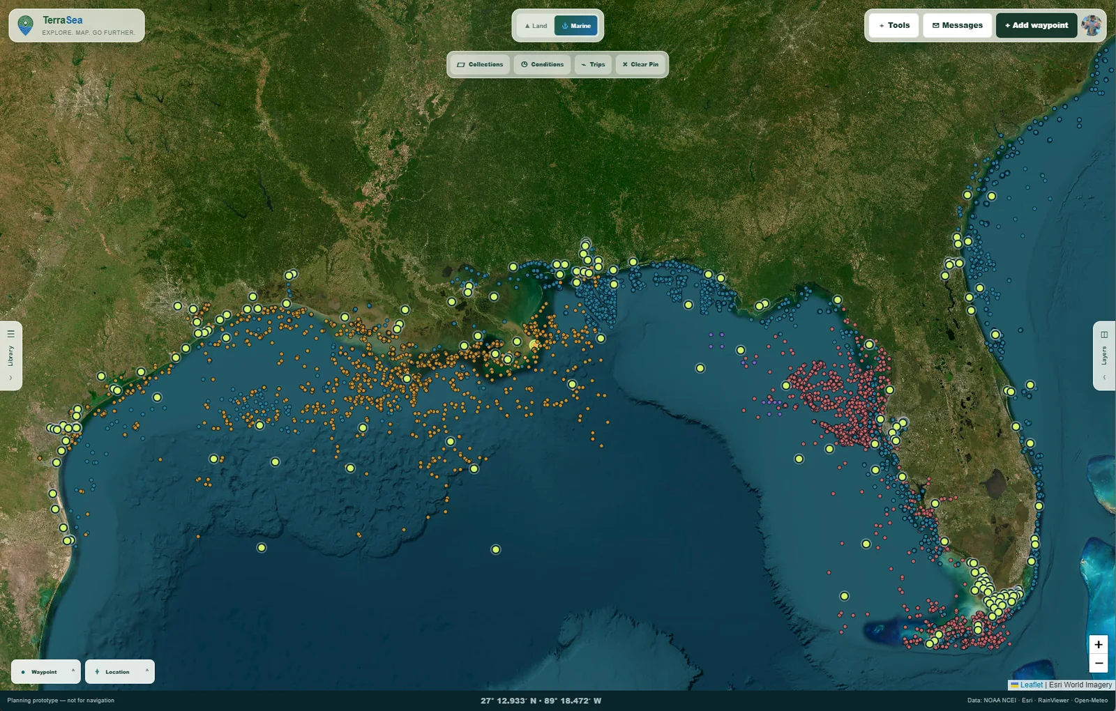 TerraSea marine map showing waypoints across the Gulf of Mexico